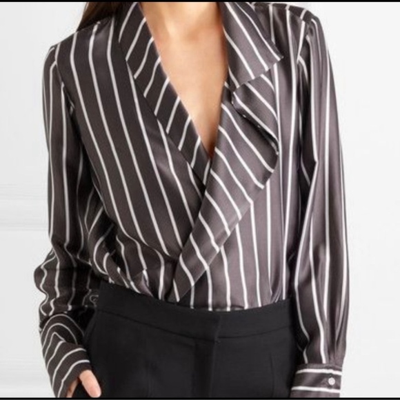 ALIX NYC Silky Long Sleeve Blouse Bodysuit Gray with White Stripes Size Small - Picture 1 of 8